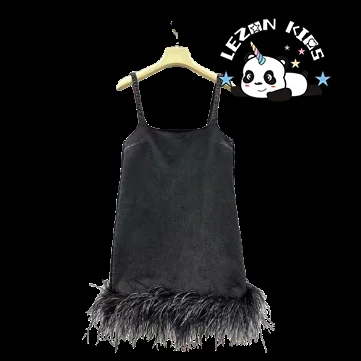 LEZONKIDS - Customizable Factory Direct Price Cool Black Feather Spaghetti Strap Dress Girls Dresses 2-14 Children Clothing